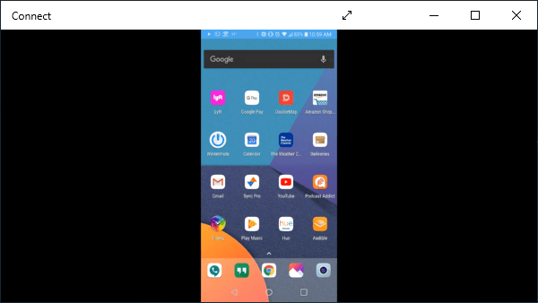 Connect app showing phone screen