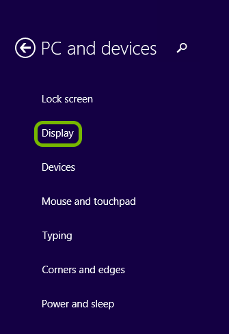 Display option highlighted in Windows 8 settings.