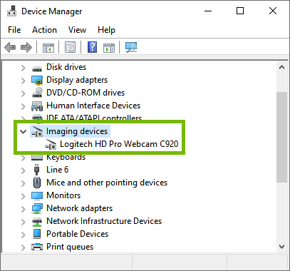 Windows 10 device manager showing Imaging devices.