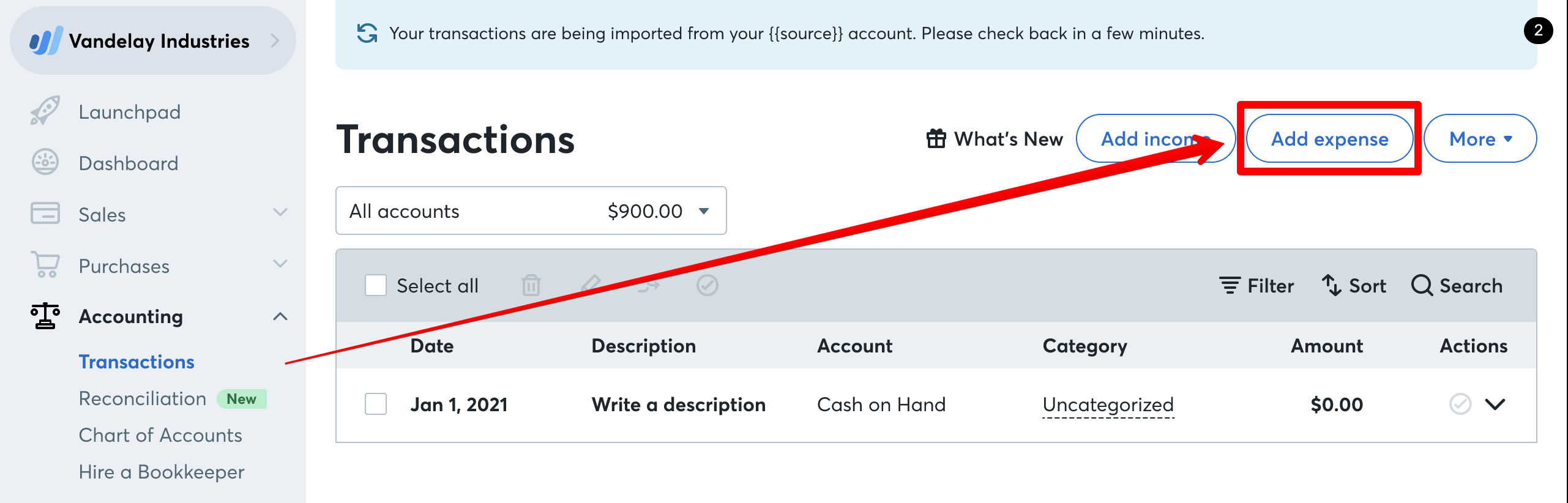 How to add an expense transaction in Wave Financial
