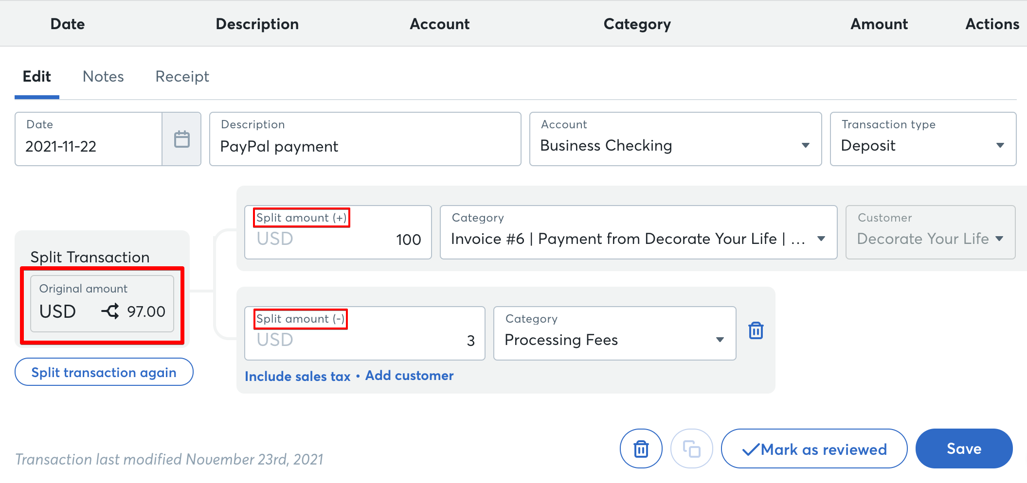 How to account for transaction fees in Wave Financial