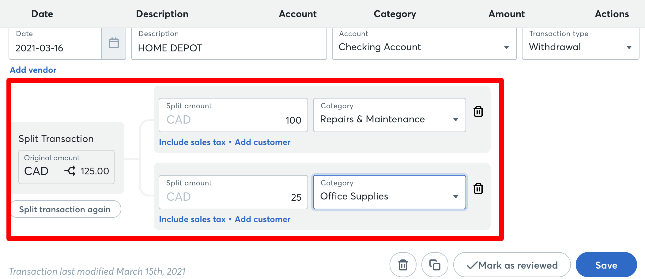 How to split a transaction in Wave Financial