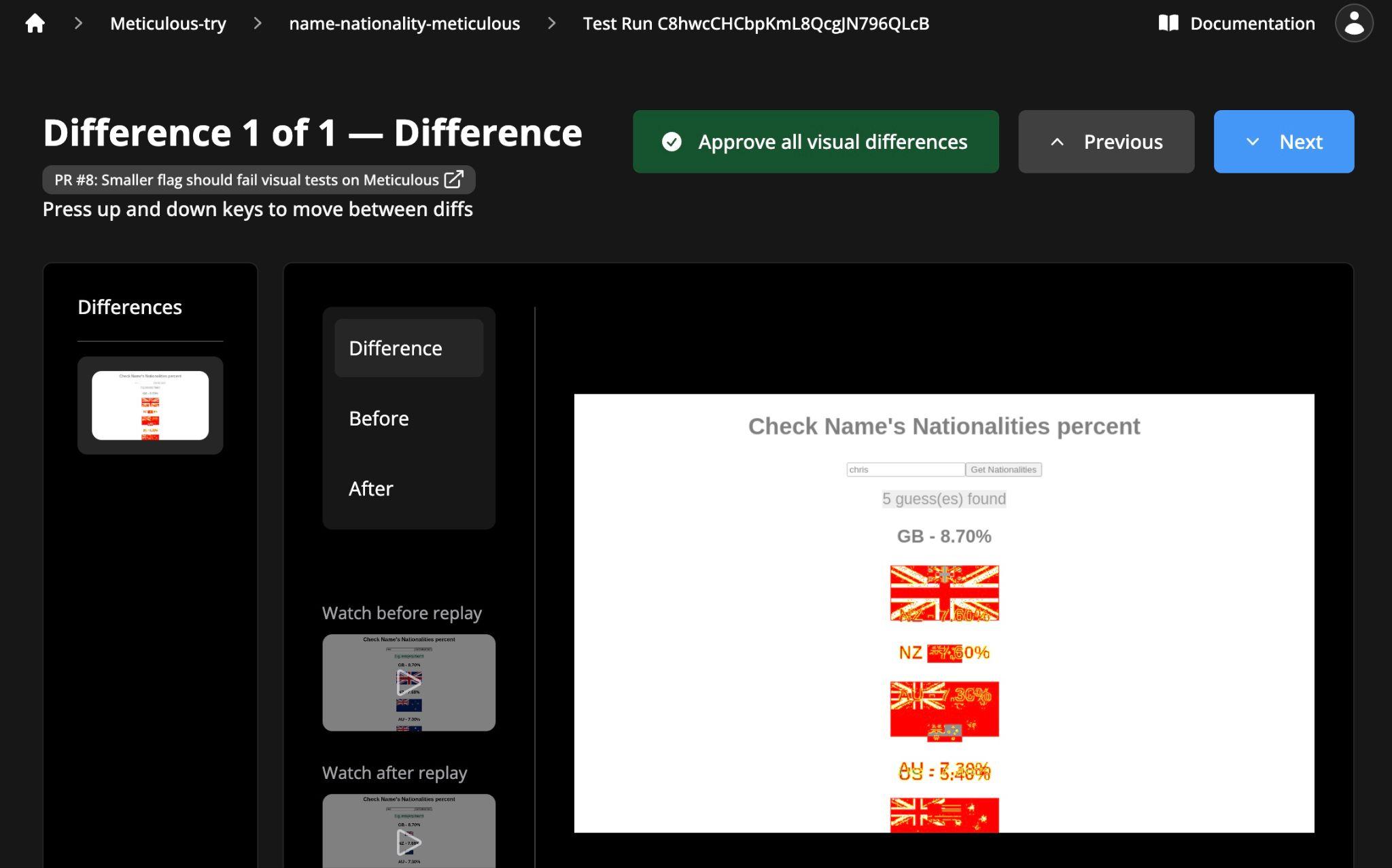 Fixing a broken visual regression test with Meticulous