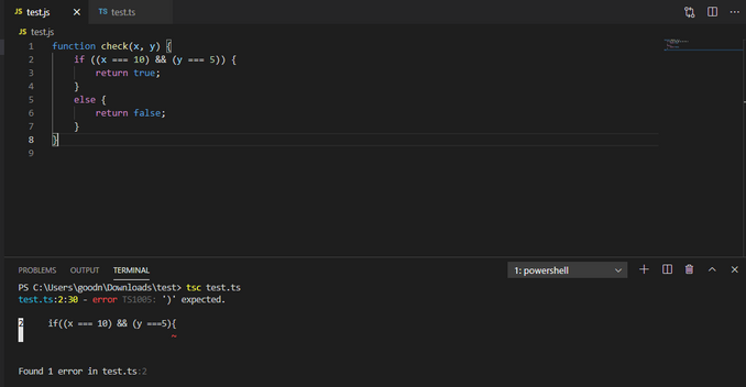 TypeScript compiler displaying errors in the terminal