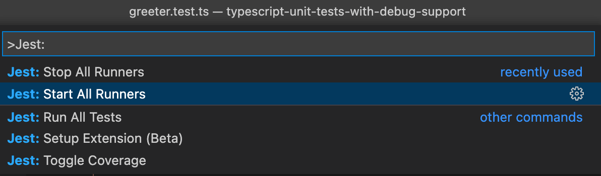 Screenshot of jest start all runners command