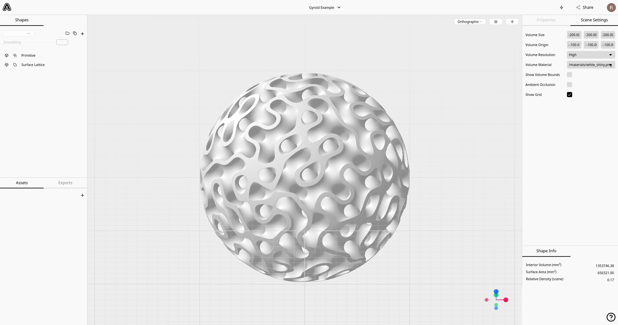 Shelled gyroid intersecting with a sphere in the Metafold Design for Additive Manufacturing user interface