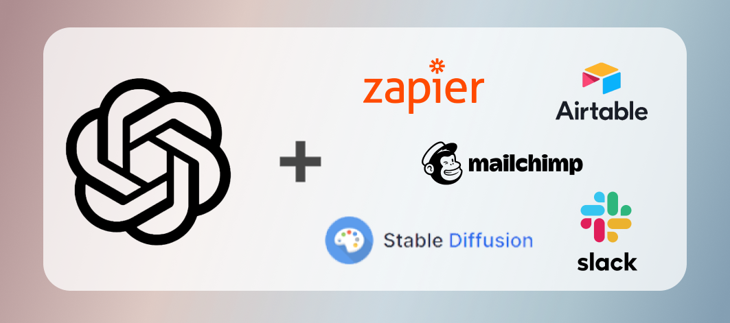 Custom GPTs with integrations: OpenAI logo plus icons for tools like Zapier, Airtable, Mailchimp, Stable Diffusion, and Slack, indicating interoperability between OpenAI and popular software tools.