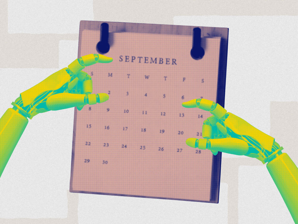 An image showing a calendar with robot hands pointing to various dates to indicate calendar automation tools