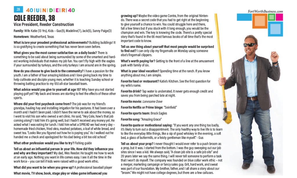 Cole Reeder Awarded Fort Worth’s Top Forty Under Forty