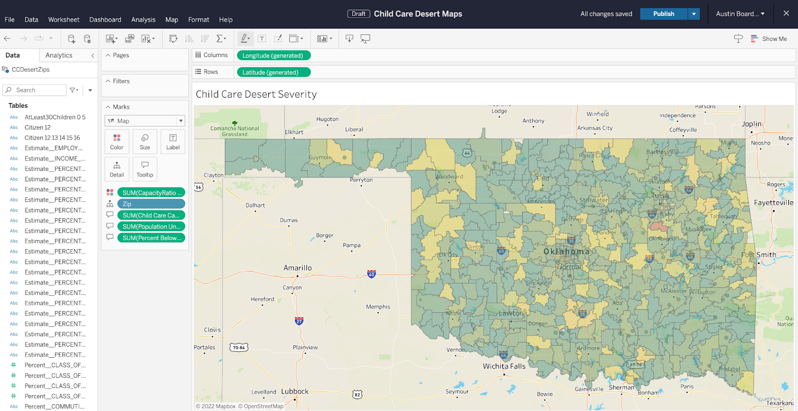 Interactive Tableau map displaying Oklahoma's child care deserts