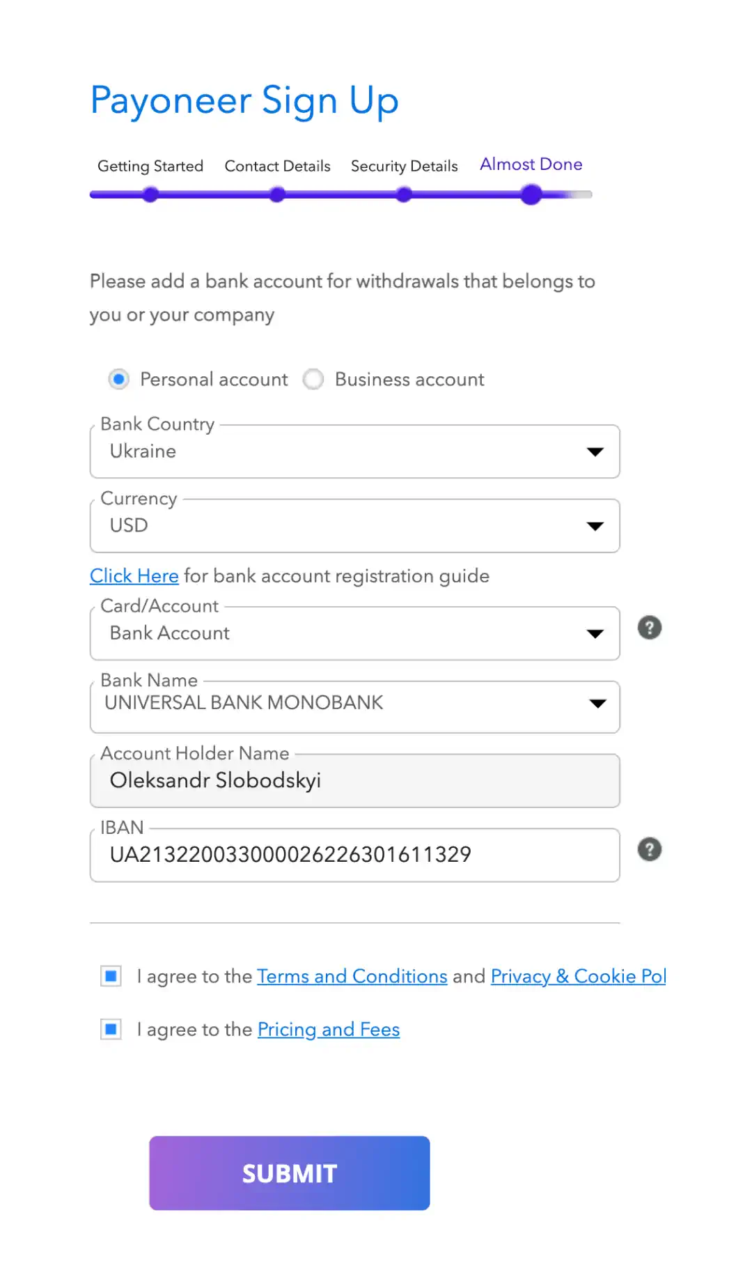 Registration in Payoneer: Connecting a Bank Account via IBAN