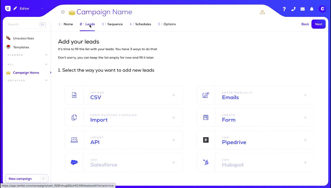 Sélectionner le filtre Pipedrive dans lemlist