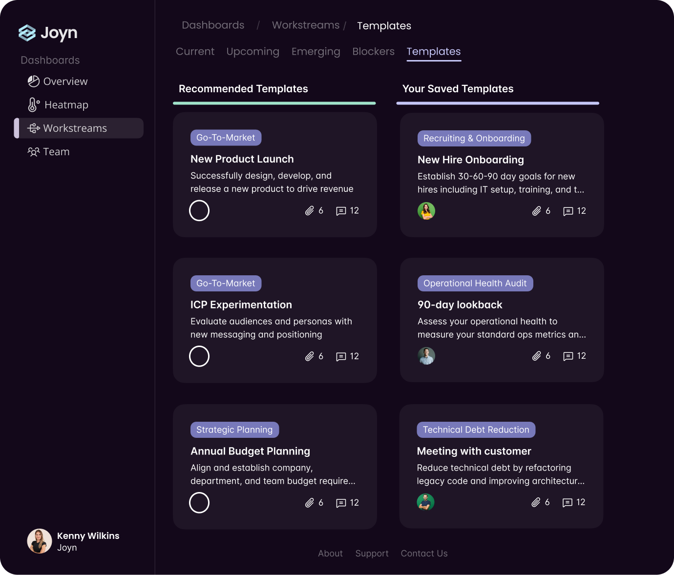 Joyn templates dashboard