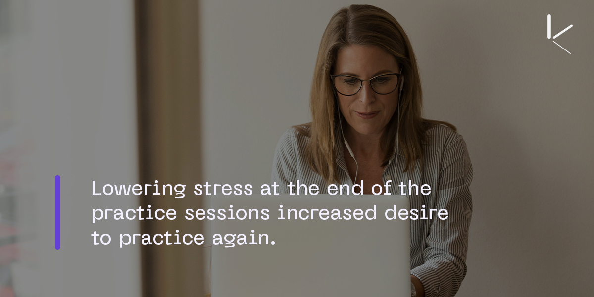 Woman on laptop using a language learning app. Image caption: Lowering stress at the end of the practice session increased desire to practice again
