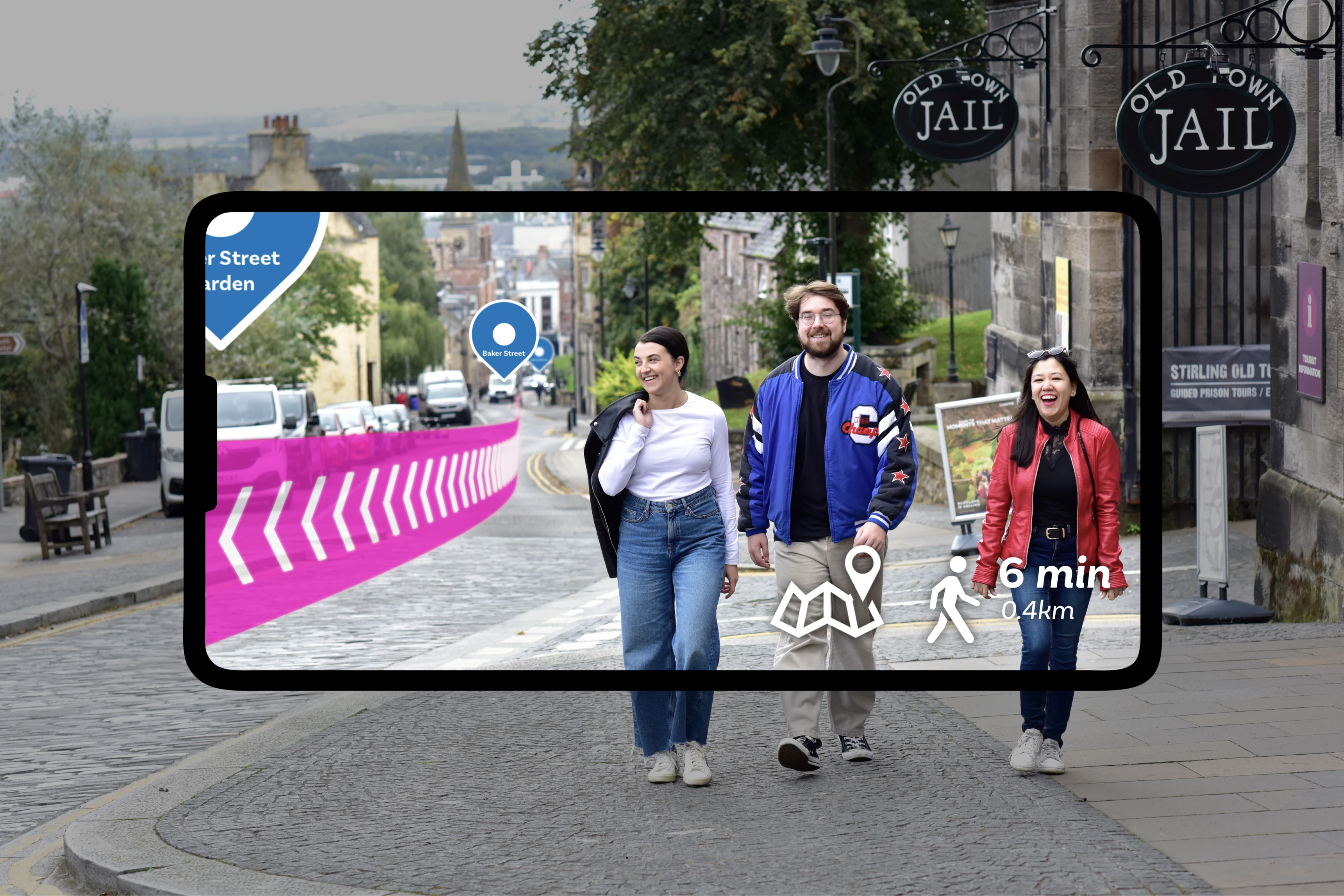 three people walking in the street with the guidance of AI maps