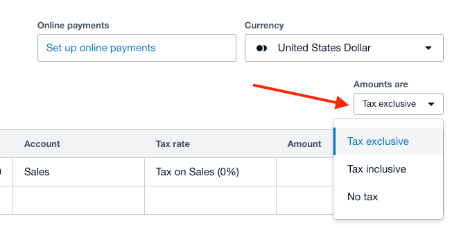 Tax dropdown option in Xero