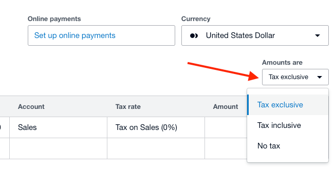 Tax dropdown option in Xero 