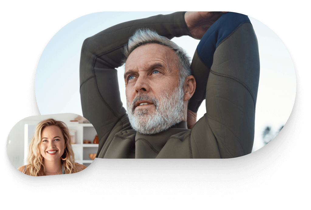 A man in a wetsuit looking into distance. A woman smiling towards camera.
