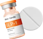 An image of a bottle of GLP-1 and white pill.