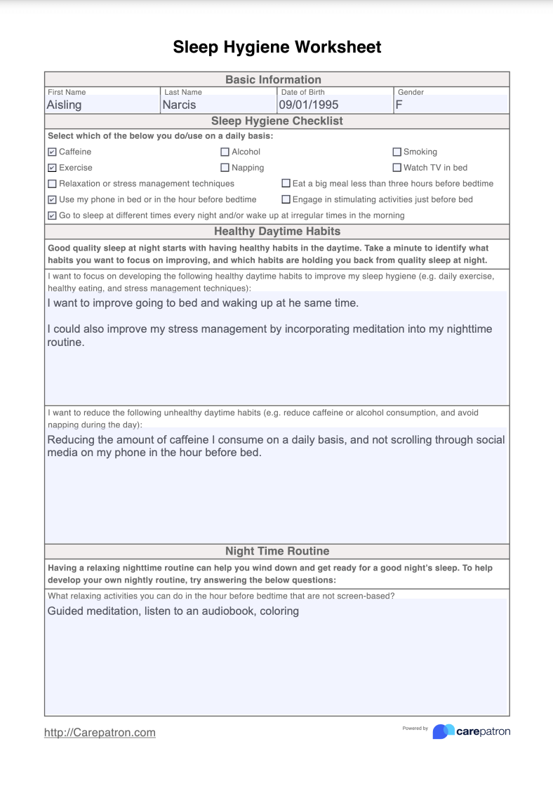 Sleep Hygiene Worksheet Example Free PDF Download