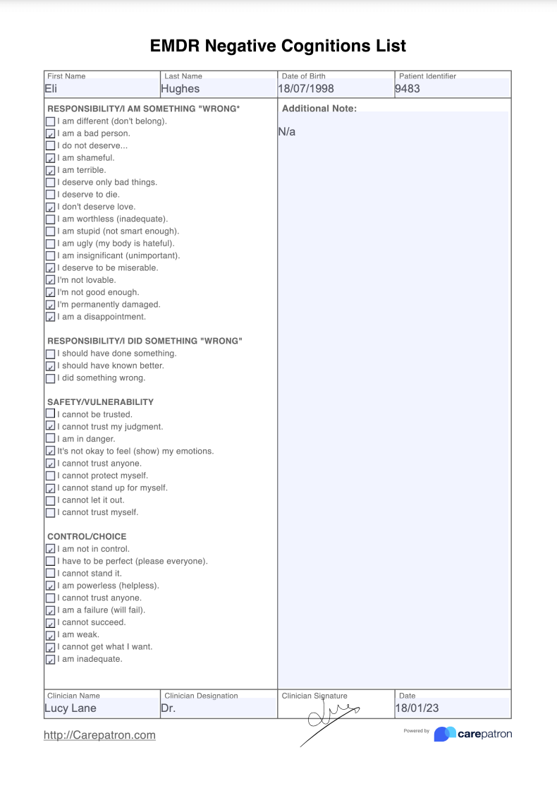 EMDR Negative Cognitions List Example (Sample)