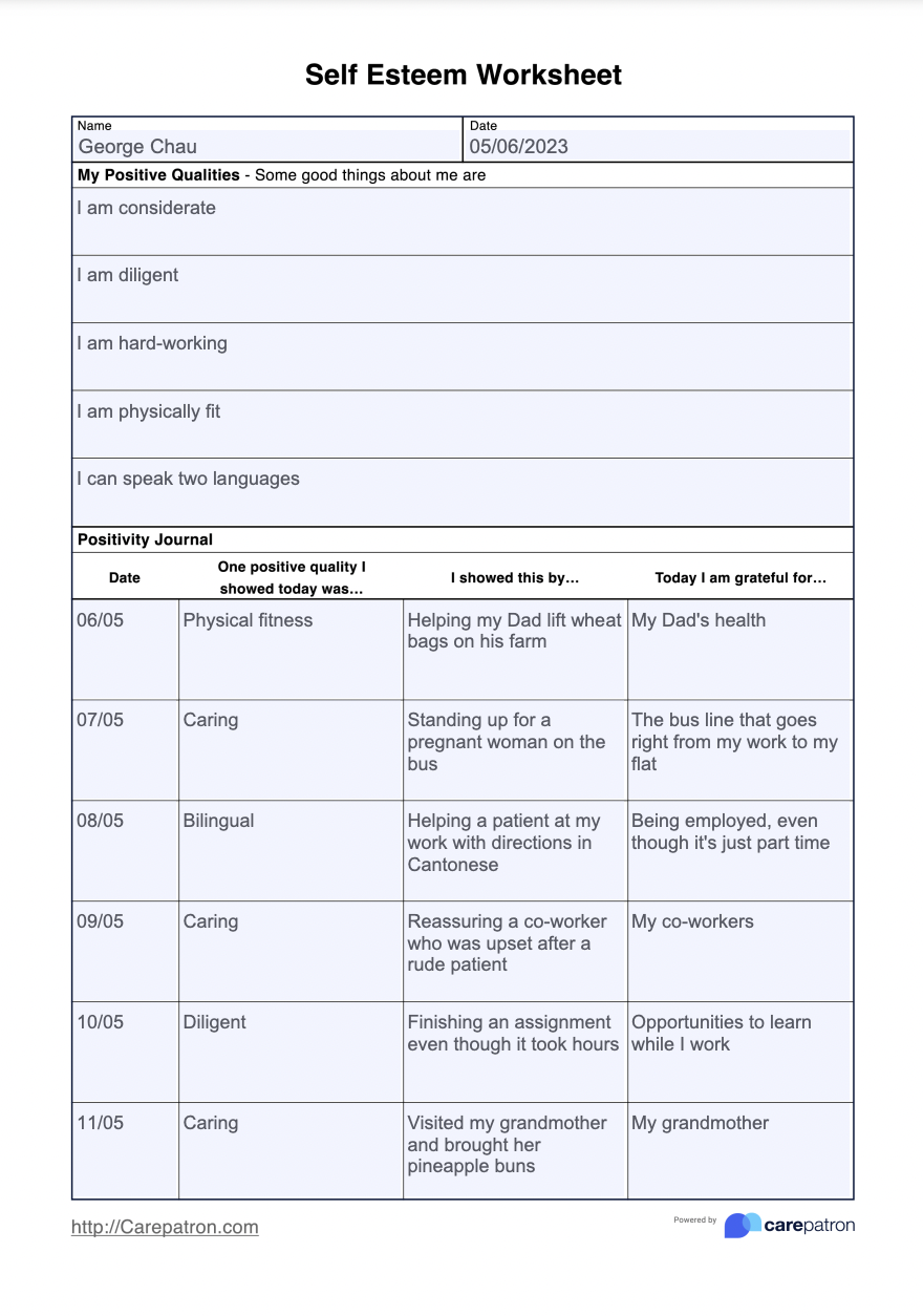 Self Esteem Worksheet Example (Sample)