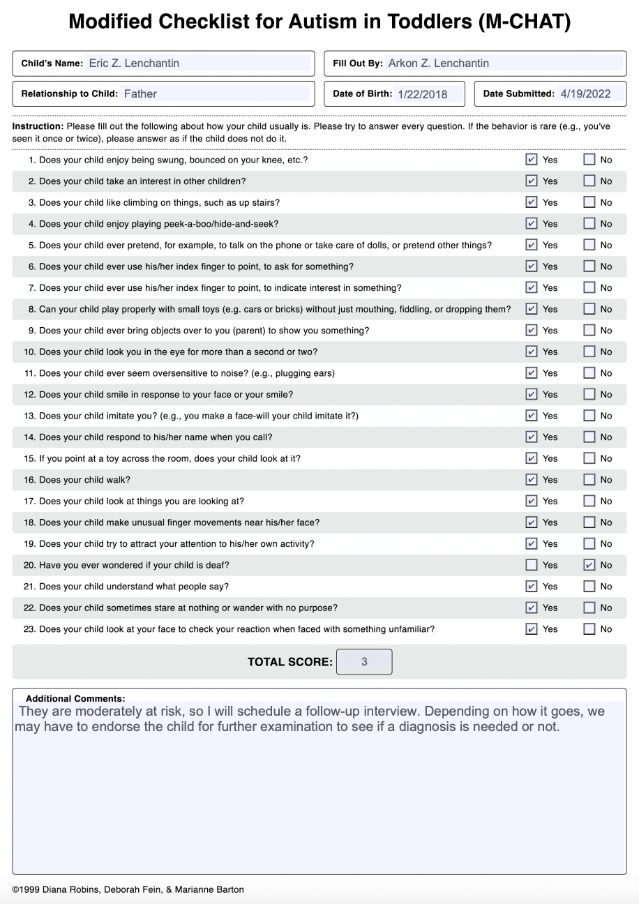 Modified Checklist for Autism in Toddlers (M-CHAT) &amp; Example