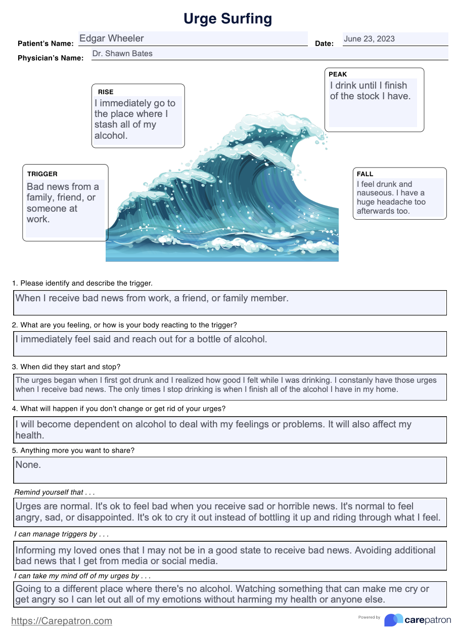 Urge Surfing Worksheet Example Free PDF Download