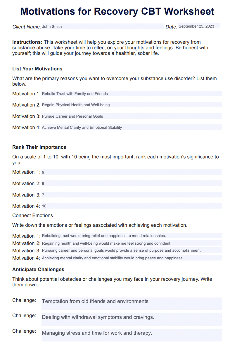 Motivations for Recovery CBT Worksheet Example