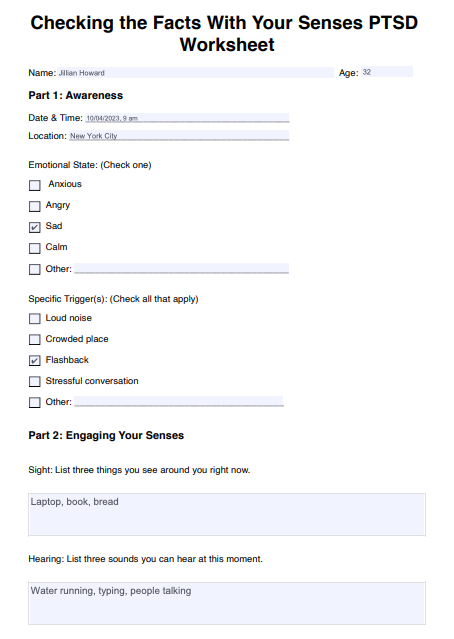 Checking the Facts With Your Senses PTSD Worksheet Example