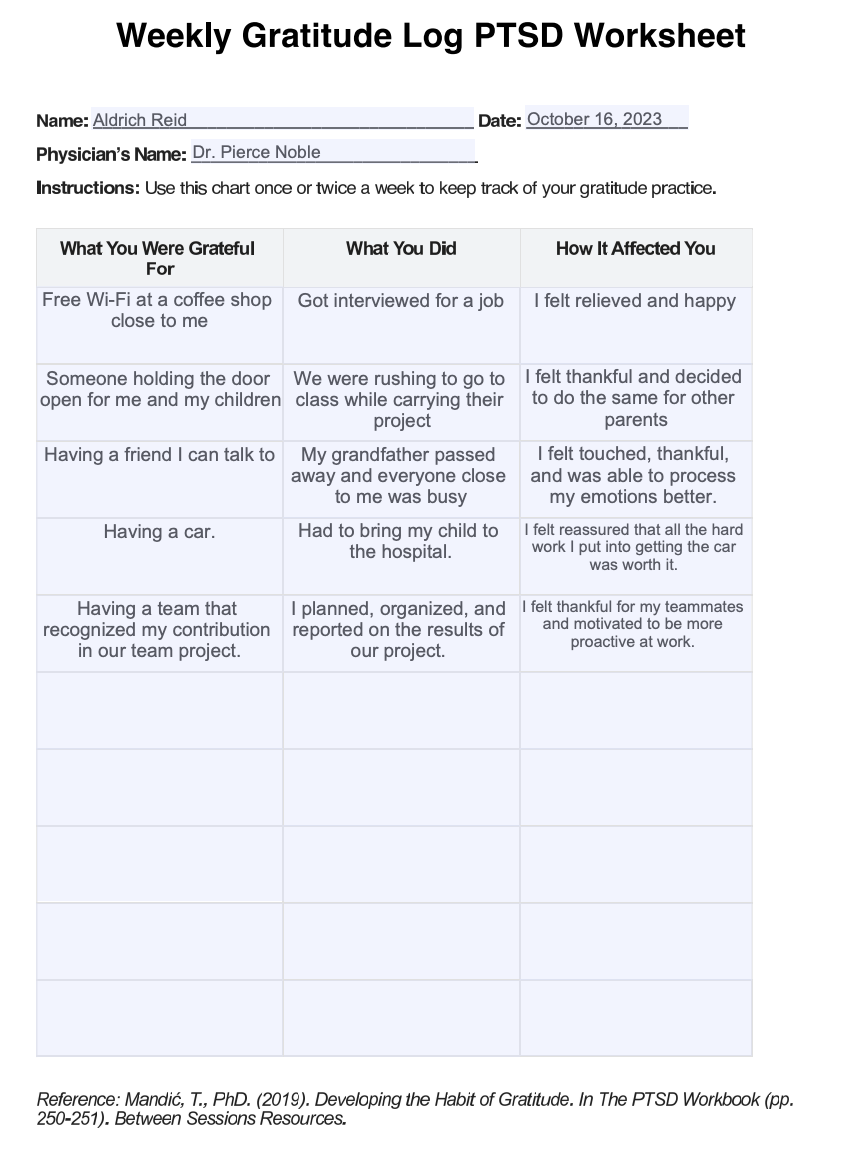 Weekly Gratitude Log PTSD Worksheet Example Free PDF Download
