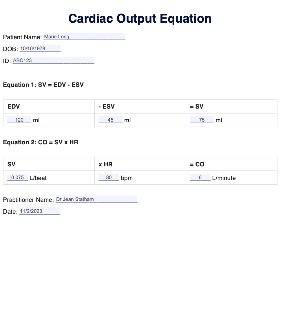 Cardiac Output Equation Example