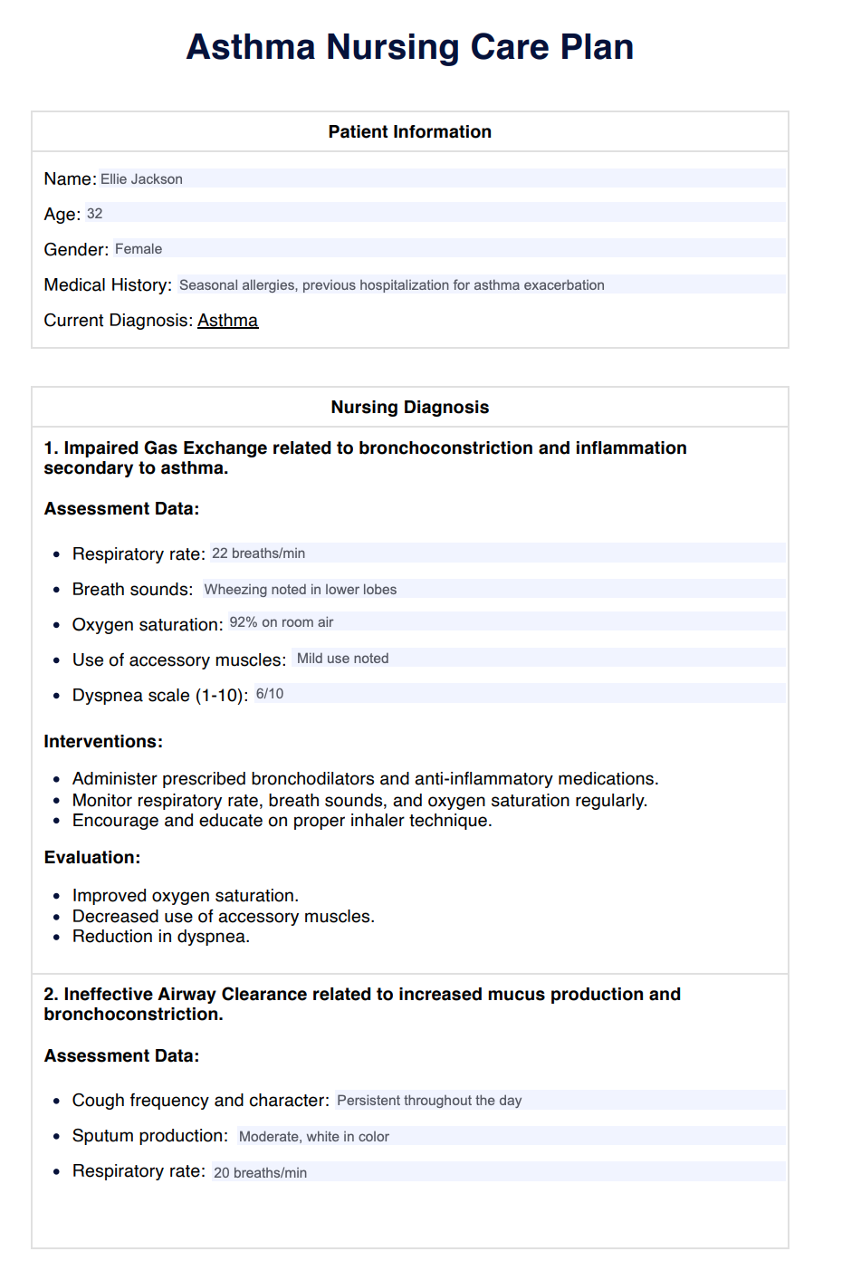 Asthma Nursing Care Plan example