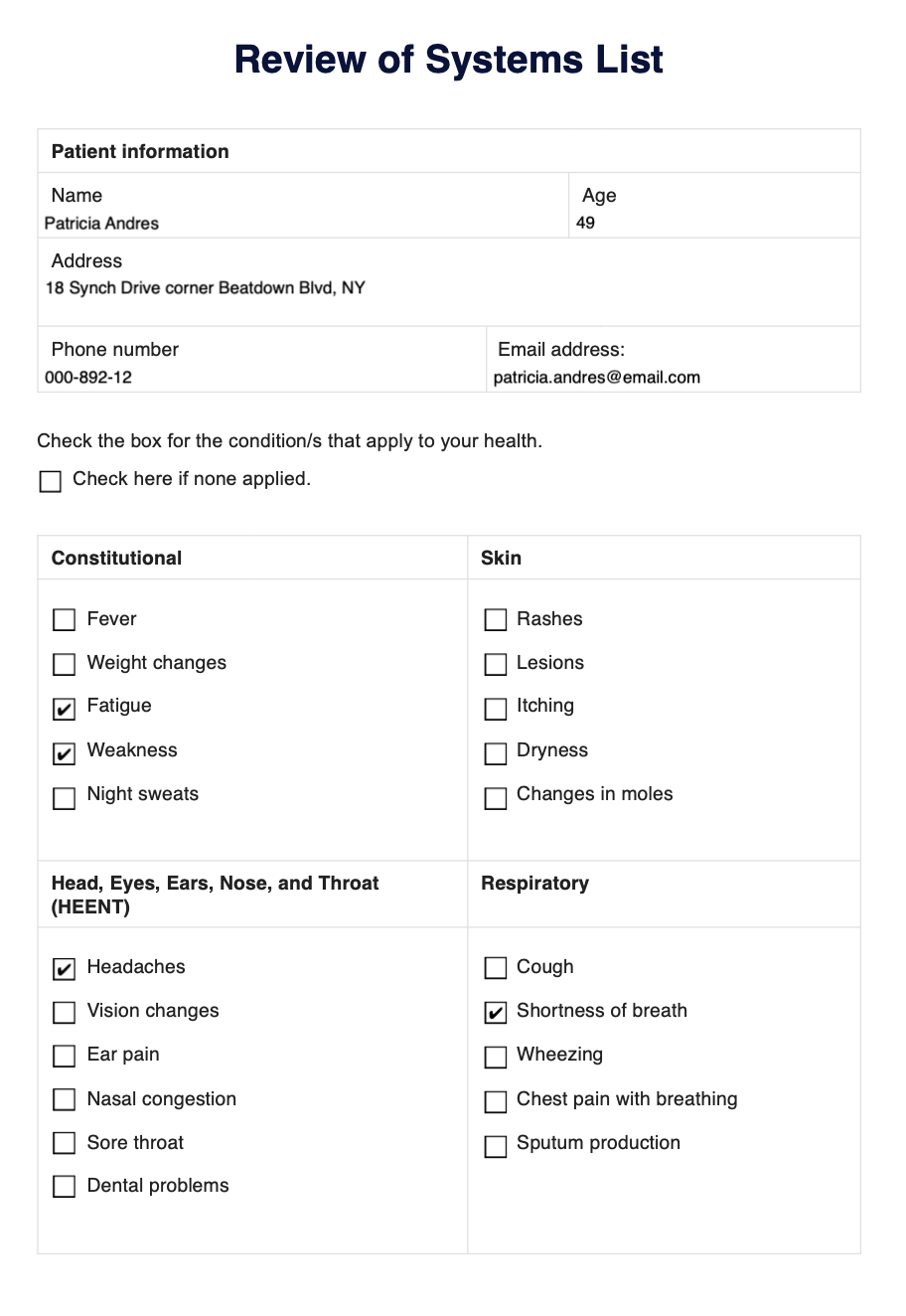 Review of Systems List example (sample)