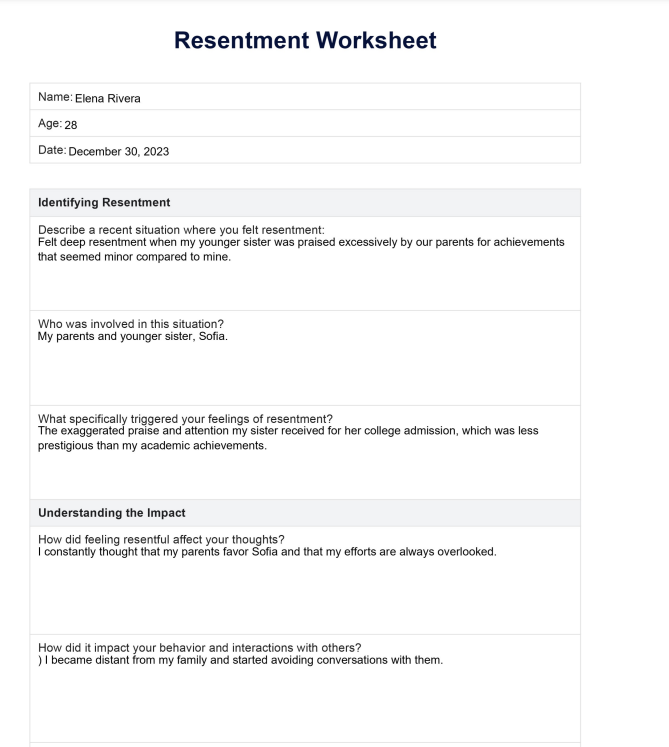 Resentment Worksheet example (sample)