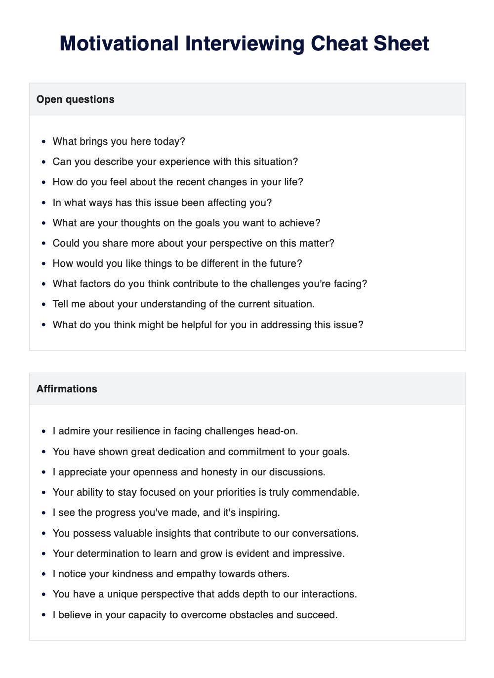 Motivational Interviewing Cheat sheet example (sample)