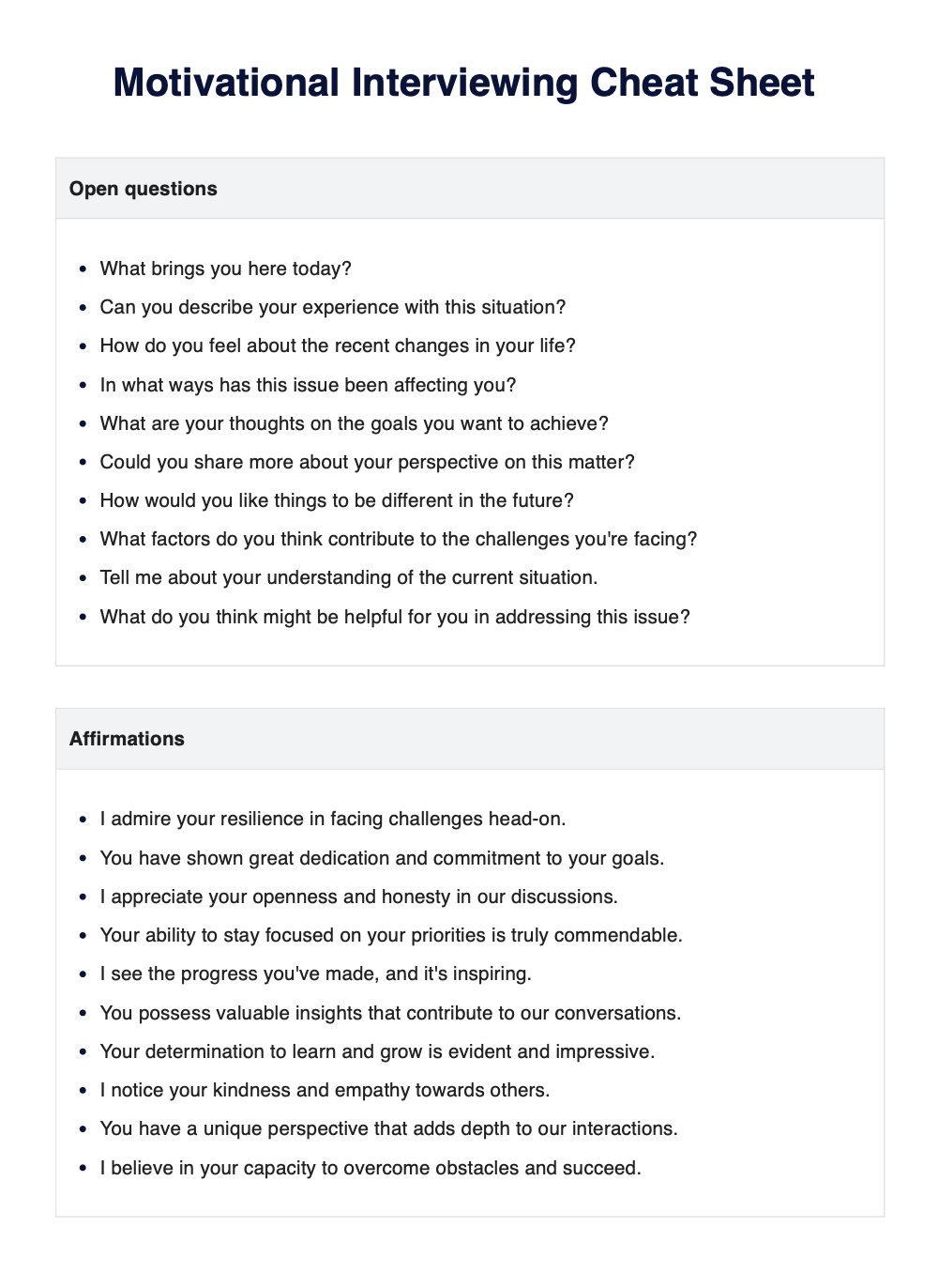 Motivational Interviewing Cheat sheet example (sample)