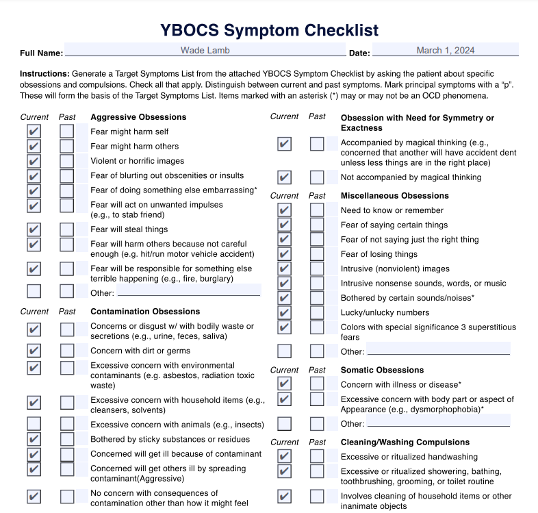 YBOCS symptom checklist example (sample)