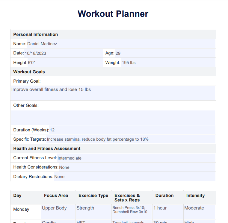 Planner template sample