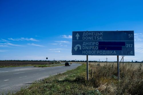 Road Sign; A road sign indicating the way to the occupied city of Donetsk. September 5, 2023. Donetsk Oblast Ukraine
