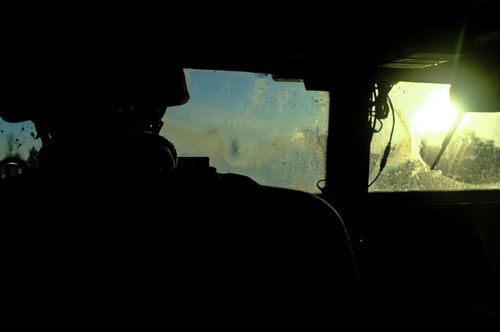 Sunrise; Soldier from 92nd Mechanised Brigade, (CODE 9.2) driving in the early morning in the direction of Bakhmut. October 10, 2023. Klishchiivka Ukraine