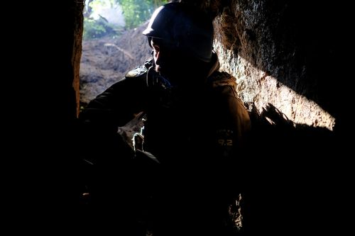 Hiding in bunker; Sitting in bunkers near Klishchiivka (south of Bakhmut), soldiers of CODE9.2 operate drones and drop 3D-printed self-made bombs in Russian trenches while providing intel for assault units. October 10, 2023. Klishchiivka Ukraine