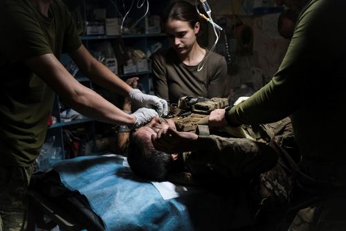 Stabilisation point (2); In the stabilisation hospital in Chasiv Yar, every minute is vital. Dozens of war wounded are being cared for, day and night and under falling bombs. September 29, 2023. Chasiv Yar Ukraine