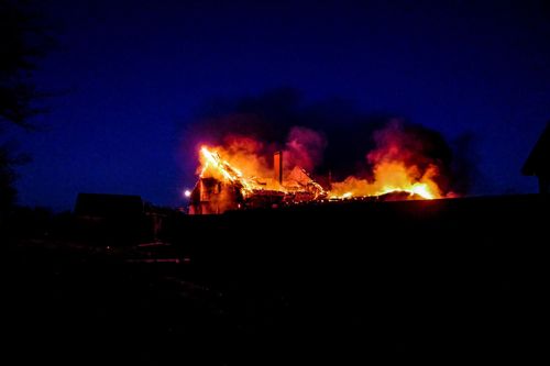 House on fire; A house burning after it was hit by a Russian Kamikaze drone in Kupyansk. October 29, 2023. Kupyansk Ukraine.