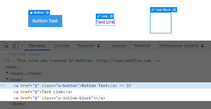 Différence entre les éléments button, link et link block de Webflow dans le code source