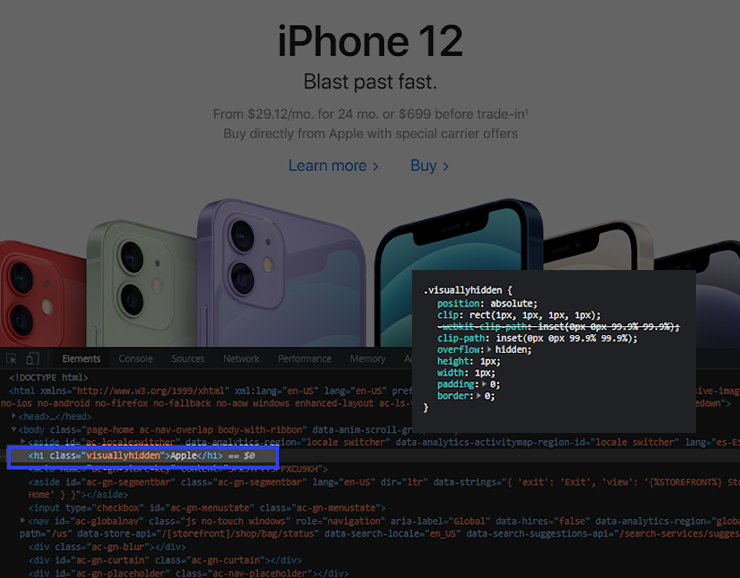 Code source du site apple avec l'utilisation de la propriété CSS visuallhidden