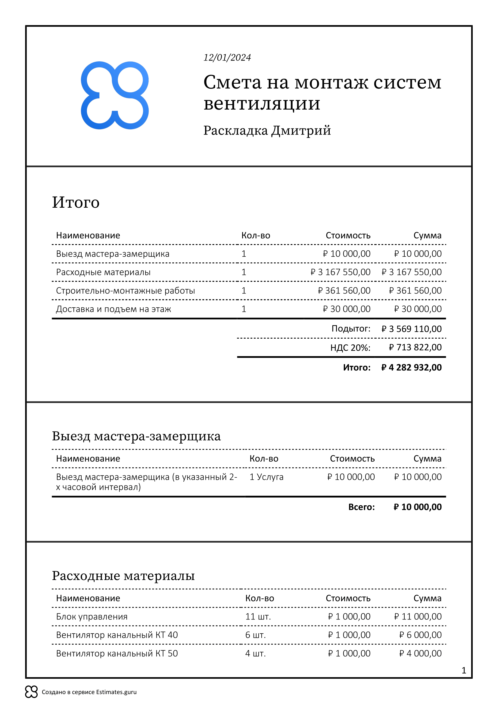 Смета на вентиляцию, образец 2024, экспорт в PDF / XLS. Онлайн доступ ...