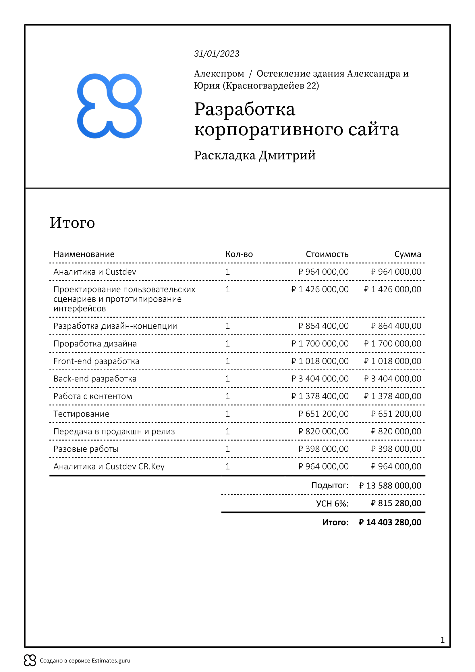 Смета на разработку корпоративного сайта, образец 2024 года, экспорт в ...