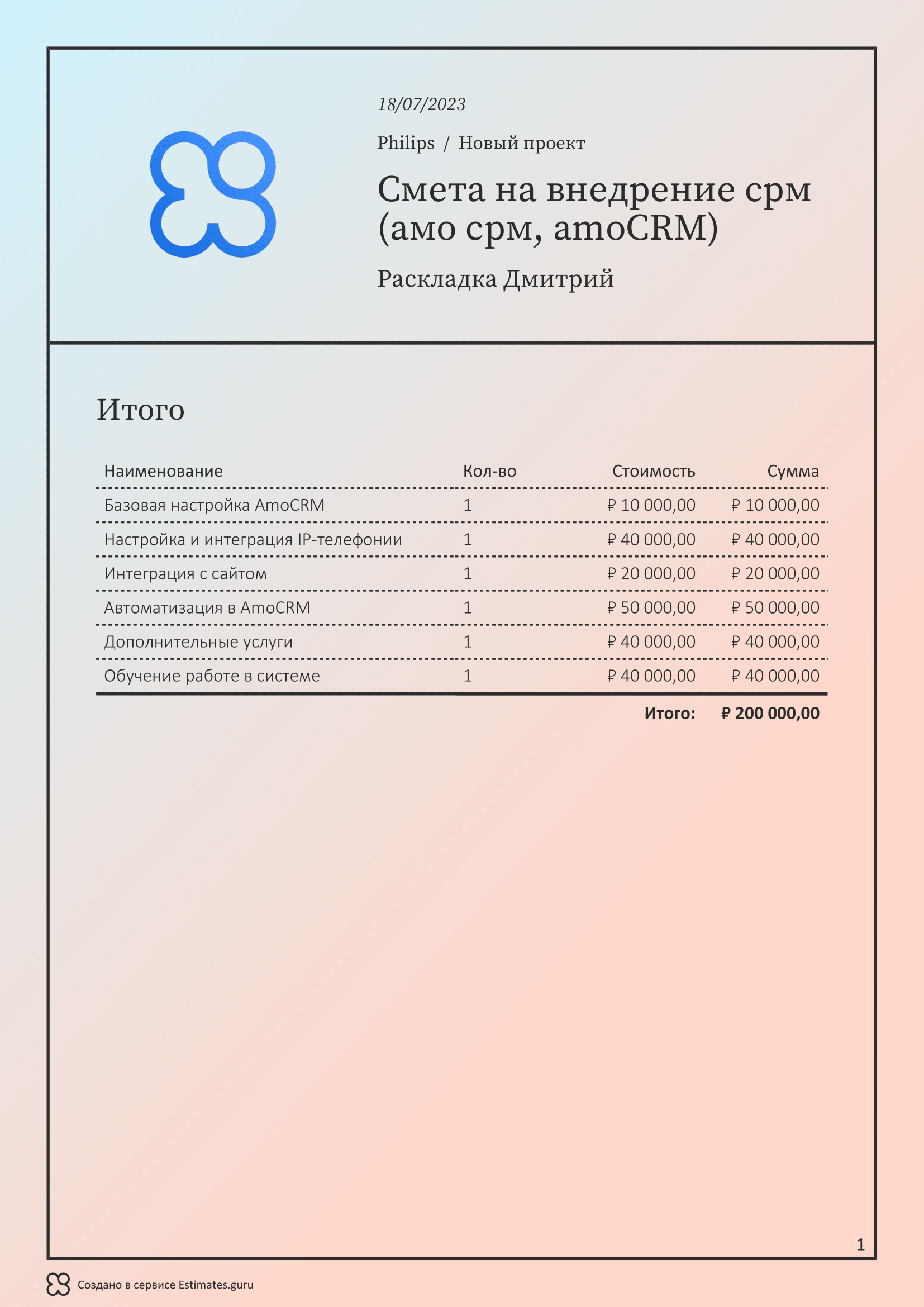 Смета на внедрение CRM, образец 2024, экспорт в PDF / XLS / ссылка ...
