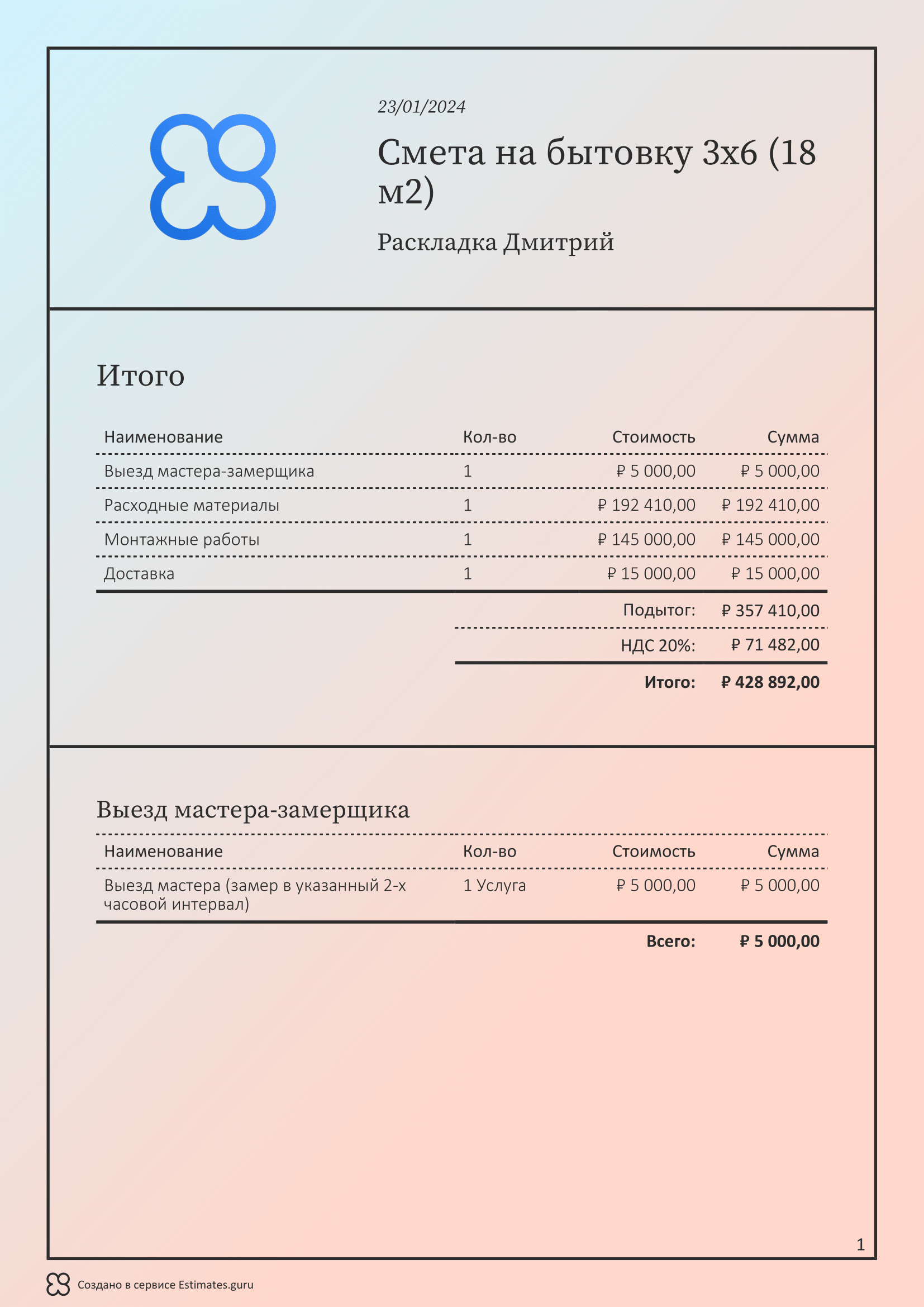Смета на бытовку, образец 2024, экспорт в PDF / XLS, Интеграция с ...